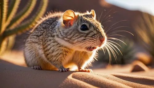 angry gerbil, fur standing upright, sharp teeth, beady eyes, fluffy whiskers, brown fur, striped back, tiny paws, curled up tail, desert environment, sandy dunes, rocky outcrops, cactus plants, hot su