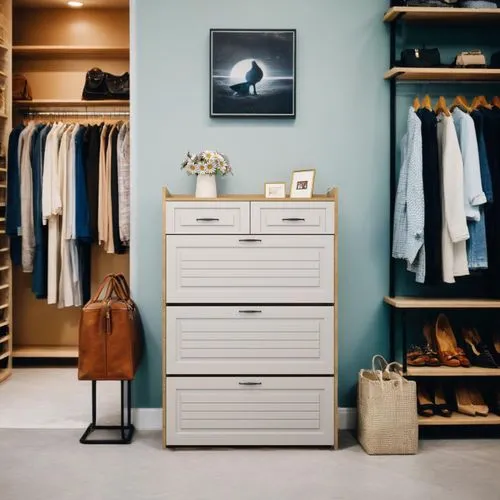 入户门口旁，换鞋凳旁,a closet with white drawers and large shirts hanging on shelves,dresser,highboard,walk-in closet,mudroom,storage cabinet,armoire