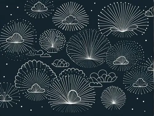 a black and white pattern with fireworks in the sky,jellyfish collage,sea jellies,jellyfishes,fireworks background,jellyfish,jellies,Illustration,Black and White,Black and White 04