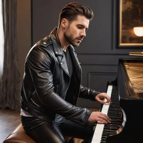 a handsome man, 30 years old wearing leather pants and a leather jacket, playing piano,petrelis,tarkan,lazarev,pianist,lisnagarvey,piano,vazov,torkan,malakhov,the piano,florent,steinway,leg and arm on