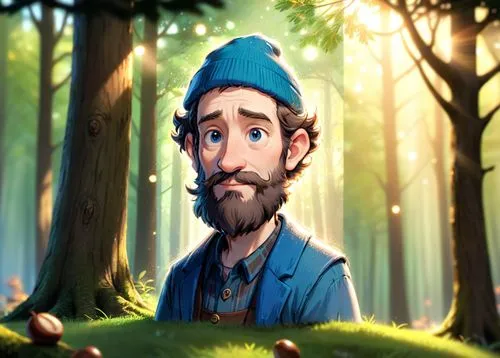 A 50 year old man, he is a forester, he is wearing an blue with a logo on it, his beard is greay and chesnuts colored, he is wearing forester clothes green and brown colored, he has a few rickles on h