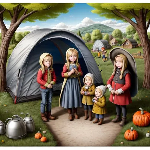 autumn camper,arrowroot family,campground,campsite,camping,kids illustration,children's background,tourist camp,gypsy tent,nomadic children,tent camp,mulberry family,doll's festival,camping tipi,harve