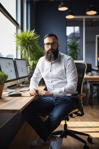 Modern tech office, agile design architecture, technical leadership, mature male, 35-45yo, short hair, glasses, beard, white shirt, dark blue jeans, black sneakers, laptop, multiple screens, ergonomic