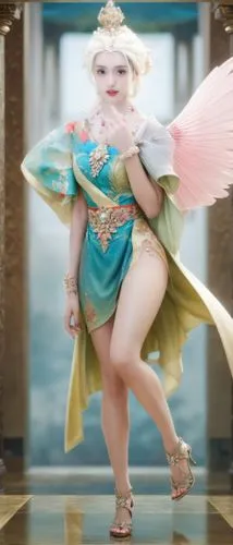 双腿并拢直立，双腿不交叉,a model wearing a colorful fairy costume with a wings,minaj,paquita,omotoyossi,chunli,janmastami,diaochan