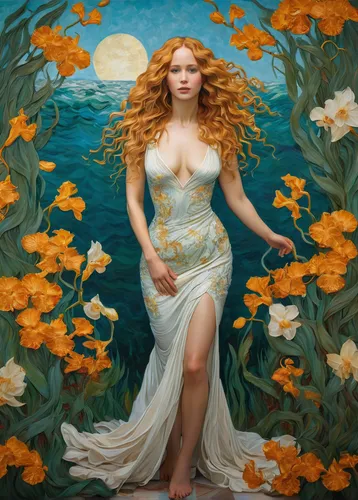 Sfumato and chairoscuro Painting, attractive woman stands shy, woman looks like mixture of jennifer lawrence and nicole kidman pose like venus in the painting named birth of venus by botticelli, best 