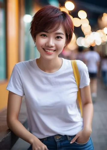 Cute, playful, smiling face, bright eyes, rosy cheeks, short hair, casual wear, jeans, white T-shirt, sneakers, youthful, lively, vibrant colors, warm lighting, shallow depth of field, blurred backgro