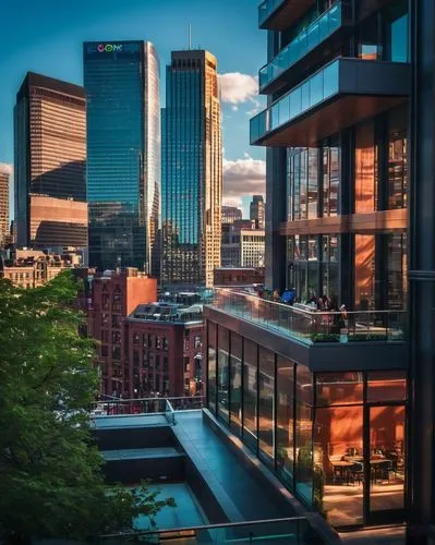 Modern Boston architecture firm, sleek glass building, steel frame structure, minimalist interior design, wooden accents, geometric shapes, urban cityscape background, afternoon sunlight casting sharp