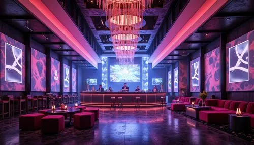 Vibrant nightclub interior, pulsating LED lights, futuristic DJ booth, dynamic sound systems, sleek metallic accents, glossy dance floor, luxurious VIP lounge, plush velvet sofas, champagne bars, spar