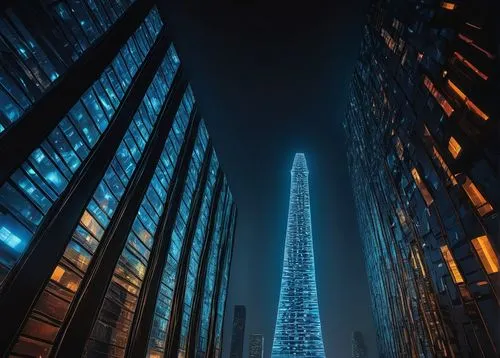 Modern futuristic skyscraper, sleek metal framework, reflective glass façade, intricate LED light installation, curved lines, geometric shapes, urban cityscape, bustling streets, nighttime scene, dram