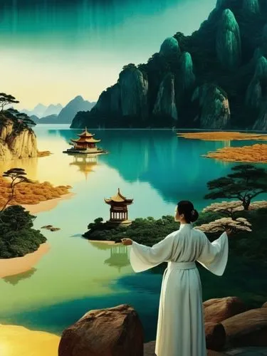 In a surreal landscape, a woman dressed in a white robe stand tall, holding a gold lacquer in her hand. The painting depicts a serene forest filled with green plants and lush greenery, that contrasts 