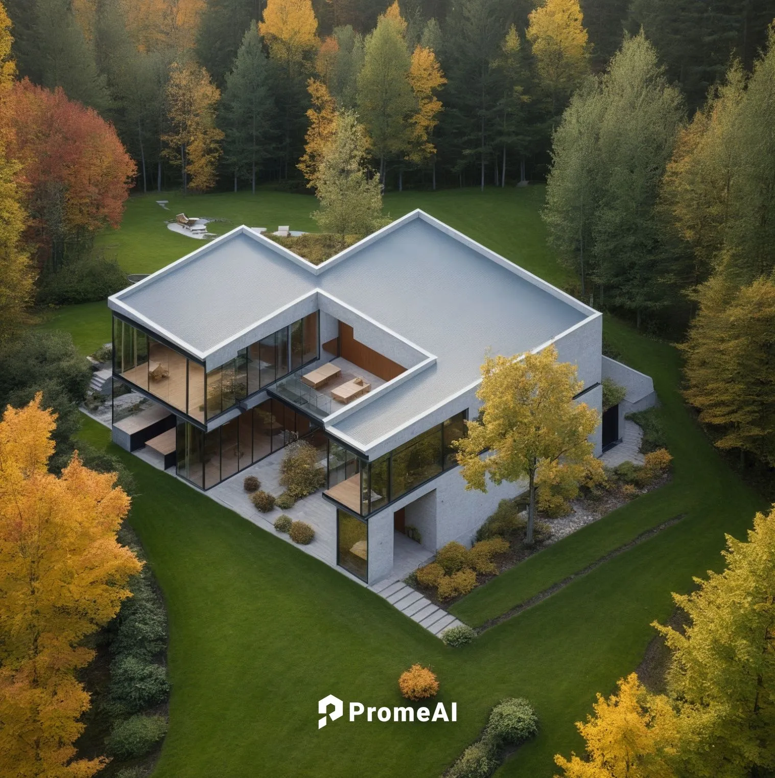 a bird's eye view of the house from above,modern house,house in the forest,modern architecture,forest house,beautiful home,villa,Photography,General,Realistic