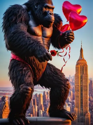 King Kong, Valentine's Day, giant ape, red rose bouquet, heart-shaped balloons, romantic evening, sunset at the Empire State Building, skyscraper, New York City, gentle giant, tender eyes, soft fur, r