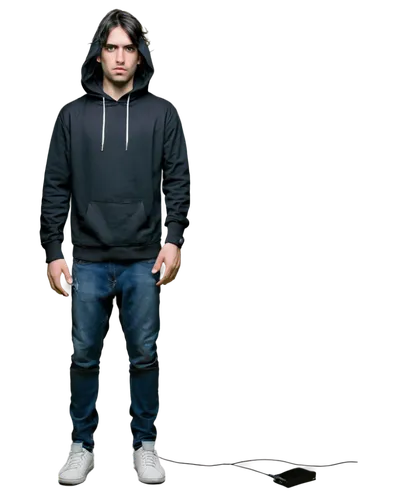 Male, dark background, solo, (30yo), scary facial expression, messy black hair, pale skin, black hoodie, torn jeans, sneakers, standing, ominous atmosphere, low-key lighting, close-up shot, shallow de