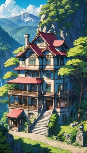 house in the mountains,house in mountains,ghibli,forest house,studio ghibli,house in the forest,dreamhouse,butka,mountain settlement,apartment house,alpine village,meteora,the cabin in the mountains,house with lake,private house,beautiful home,teahouse,apartment complex,home landscape,apartment building,Illustration,Japanese style,Japanese Style 03