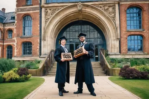 University campus, UK, modern architectural building, degree ceremony, graduates in academic regalia, holding diplomas, smiling faces, group photo, bright sunlight, blue sky with few white clouds, lus