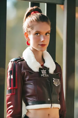 slim, tall, cute elegant 17yo police woman, red trellised croptop leather jacket with fur collar, red swinging ponytail, tattoos on belly, nice charming smiling, police badge, belt with lots of police