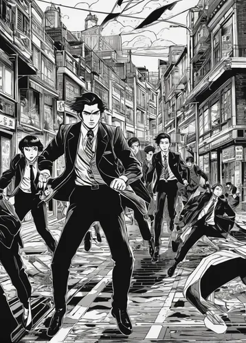 bruce lee,street dance,martial arts,kungfu,japanese martial arts,action film,jeet kune do,black city,sanshou,street sports,xing yi quan,kick,savate,kung fu,china town,sci fiction illustration,mono-line line art,jackie chan,action hero,comic style,Illustration,Black and White,Black and White 15