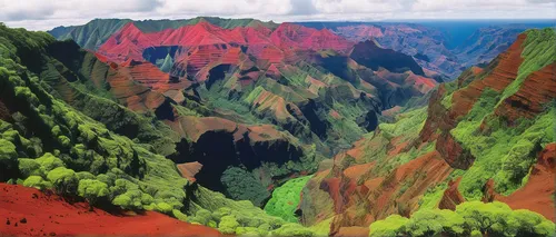 Looking down the Waimea Canyon with lush greenery and red earth,volcanic landscape,volcanic landform,red cliff,crater rim,kauai,red earth,caldera,mountain ranges from rio grande do sul,mountainous lan