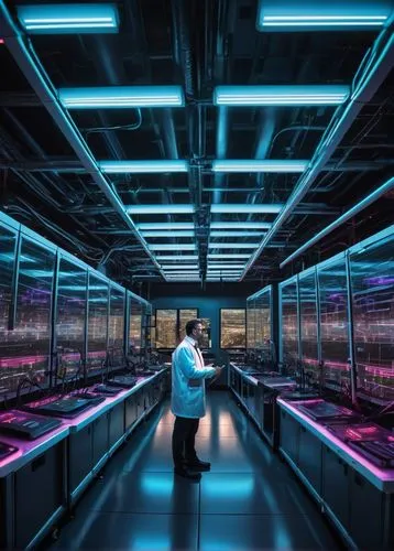 Futuristic 5G SA Core Network Architecture, modern industrial setting, sleek metallic walls, rows of server racks, complex network cables, futuristic LED lighting, 3D holographic projections, multiple