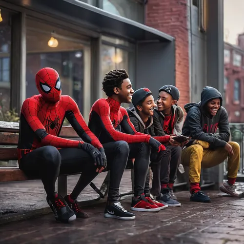 men sitting,comic characters,community connection,spider-man,marvel,spider network,marvel comics,harlem,team meeting,assemble,spiderman,webs,superheroes,cosplay image,black models,characters,spider man,characters alive,the suit,a meeting,Photography,Documentary Photography,Documentary Photography 24