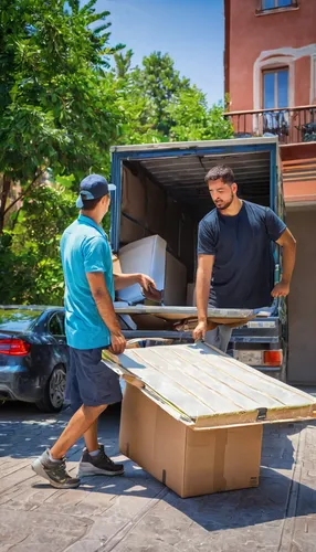 Overworked movers struggle to load heavy furniture under scorching summer heat.,moving boxes,vehicle transportation,car car delivery,volkswagen delivery,truck bed part,movers,parcel service,packing ma