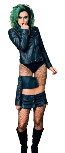 Troll woman, muscular body, green skin, messy hair, bold eyes, thick eyebrows, nose ring, tattoos on arms, ripped fishnet stockings, black leather jacket, heavy boots, confident pose, one hand on hip,