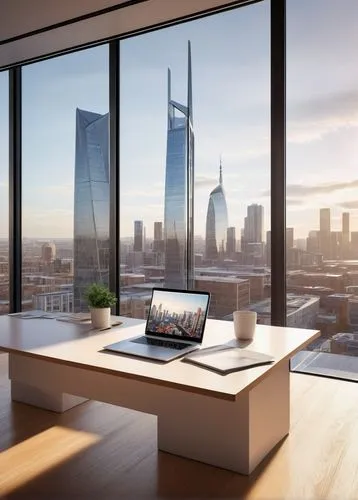 Software architecture, design document, PDF file, open laptop, wooden desk, modern office, floor-to-ceiling windows, cityscape view, 3/4 composition, soft natural light, shallow depth of field, realis