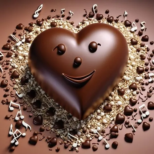 Create a picture of a 3D chocolate heart, with musical notes on and around it the heart appears to be smiling and singing,heart clipart,chocolate shavings,valentine's day clip art,coffee background,ch