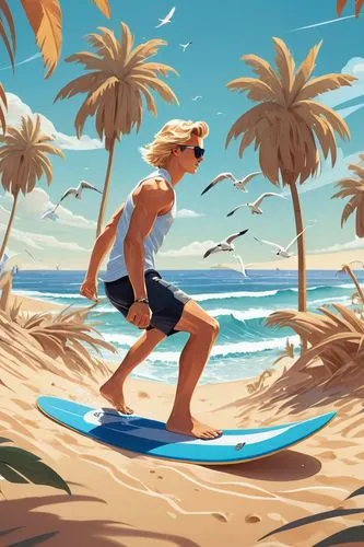 Southern California, beachside, sunny day, blue sky with few white clouds, palm trees swaying gently, a surfer riding the waves, athletic build, blond hair, sunglasses, ripped board shorts, flip flops