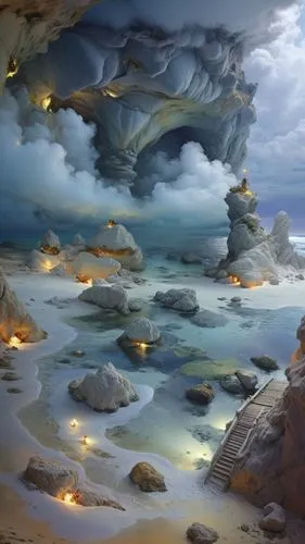 clouds,an artistic scene is featured as clouds float above the ocean,ice cave,sea caves,blue caves,underwater landscape,fantasy landscape,the blue caves,Illustration,Paper based,Paper Based 11