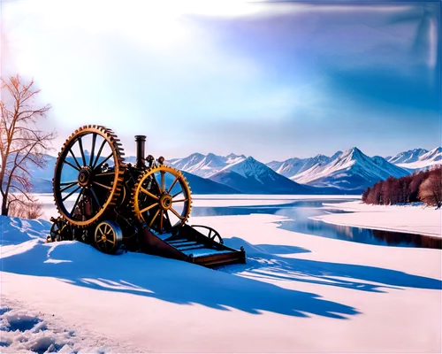 dawnstar,spinning wheel,snowblower,steam engine,iron wheels,waterwheels,engadin,howitzers,orler,snowmaking,cannon,carronade,field gun,snow landscape,winter landscape,oberland,snowy landscape,waterwheel,waterton,winter background,Conceptual Art,Fantasy,Fantasy 25