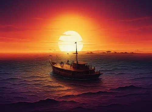 sunset at africa,old wooden boat at sunrise,sea sailing ship,fishing boat,caravel,sea fantasy,aground,pirate ship,sailing ship,sailing orange,seafaring,hadrianic,adrift,boat on sea,commandeer,scarlet 