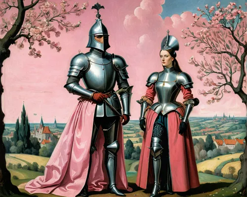 couple of woman in medieval dress with high cap headdress and knight in armor with open visor holding bouquet of flowers standing next to each other, storybook illustration, Terry Oakes, tumblr, forma