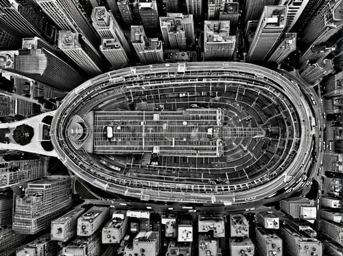 overhead shot,bird's eye view,tilt shift,stadium falcon,hudson yards,big apple,bird's-eye view,birdseye view,oval track,aerial shot,helipad,birds eye,overhead view,racetrack,football field,from above,ballpark,oval,aerial landscape,macroperspective,Illustration,Black and White,Black and White 14