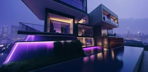 people, perspective street view of A black and white concrete modern mansion in a city, with purple lights, city skyline, misty weather, night time, realistic photography, perspective, wide angle shot