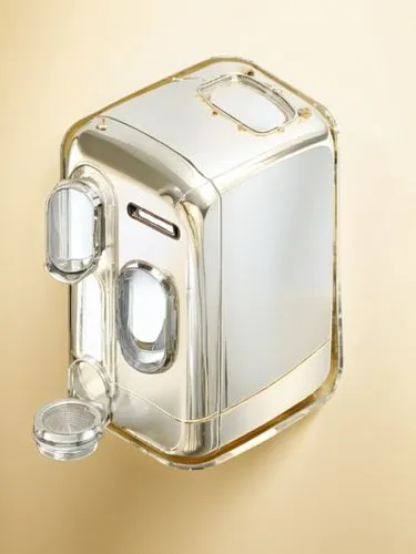 一款饮水机，复古风格，带一些电镀装饰件,a silver device sitting on top of a brown wall,zippo,butter dish,cube surface,pencil sharpener,piston valve,jerrycan,Photography,General,Realistic