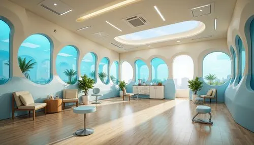 sky space concept,3d rendering,beauty room,therapy room,spaceship interior,periodontist,treatment room,ufo interior,salon,hallway space,sky apartment,blue room,interior decoration,aqua studio,great room,beauty salon,doctor's room,interior design,arcona,ornate room