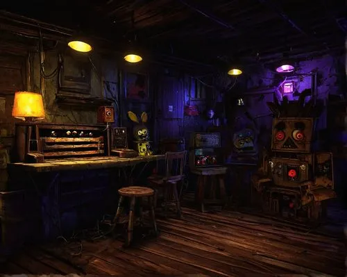 FNAF, Freddy Fazbear, Bonnie the Bunny, Chica the Chicken, Foxy the Pirate Fox, Five Nights at Freddy's, haunted animatronic, abandoned restaurant, dim lighting, eerie atmosphere, old worn-out tables 