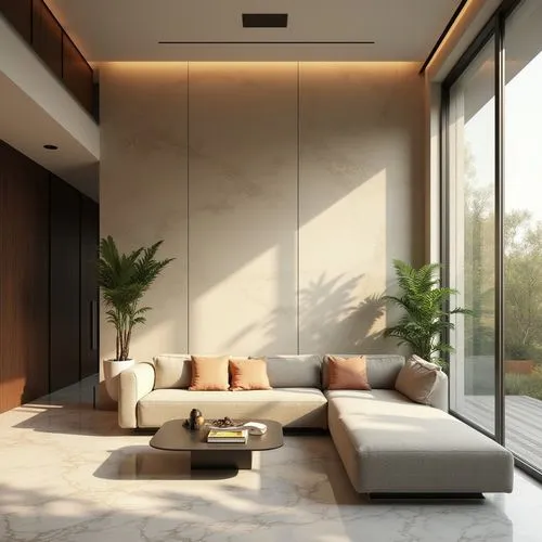 Minimalist interior, modern living room, Chukum material accent wall, simple lines, low-profile furniture, sleek coffee table, marble flooring, minimalist decor, few potted plants, floor-to-ceiling wi