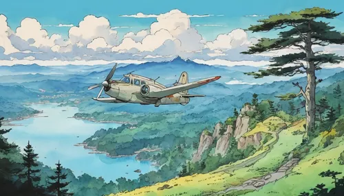 Landscape, plane, 3D, ink painting, large ink line, watercolor, gouache color, Studio Ghibli style, realistic stick color,,studio ghibli,japanese alps,my neighbor totoro,travel poster,japan landscape,