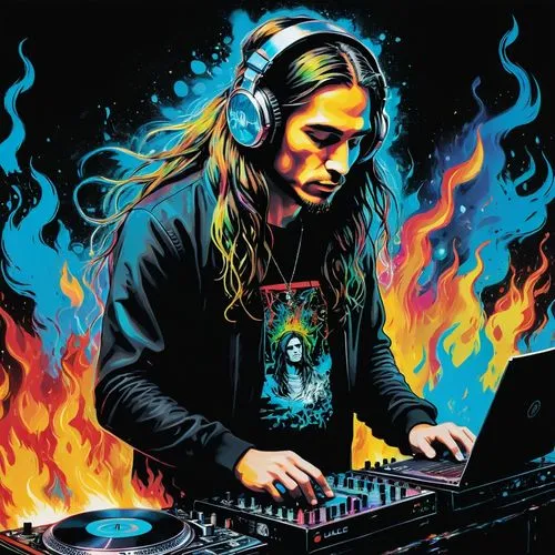 A DJ  with long hair taged in back of head playing music from digital ashes in a blaze of holographic flames,dj,bassnectar,mihali,djn,djj,huemer,djelic,guetta,djs,turntablism,turntablist,disk jockey,d