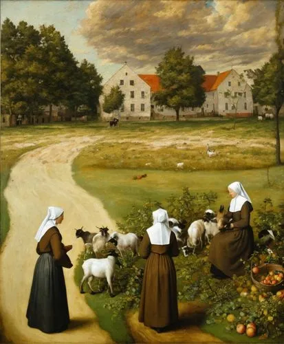 agricultural scene,pastoral,nuns,village scene,church painting,heemskerck