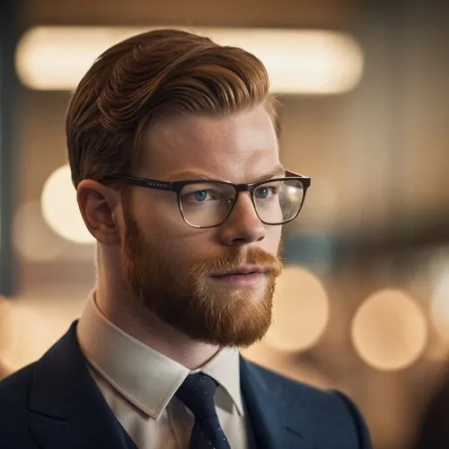 Cameron Monaghan with beard and glasses as businessman,man with red hair and glasses, suit, white shirt, and tie,lace round frames,gingrichian,kjetil,silver framed glasses,zaytsev,zegna,Photography,Ge