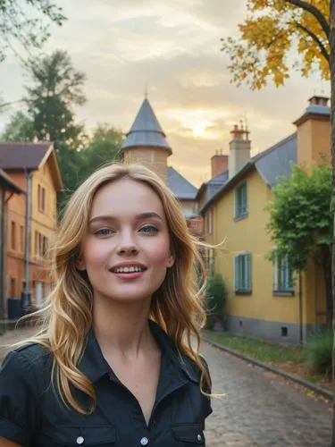 A 30-year-old French maid laughing her head off on the street.,a woman stands on the street in front of buildings,risberg,sigulda,kutuzova,vrenna,agnete,porvoo,Photography,Documentary Photography,Docu