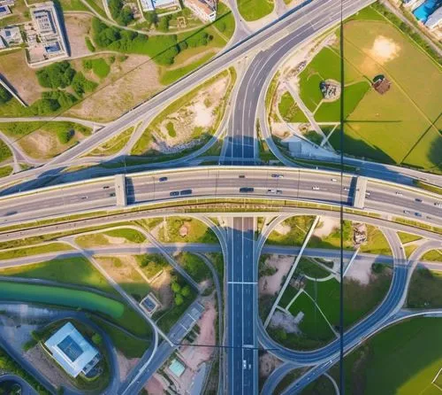 Road, roundabout, concrete bridge, top view, highway ,a wide intersection is shown in this aerial view,superhighways,interchanges,highway roundabout,interchange,infrastructures,autobahns,Photography,G