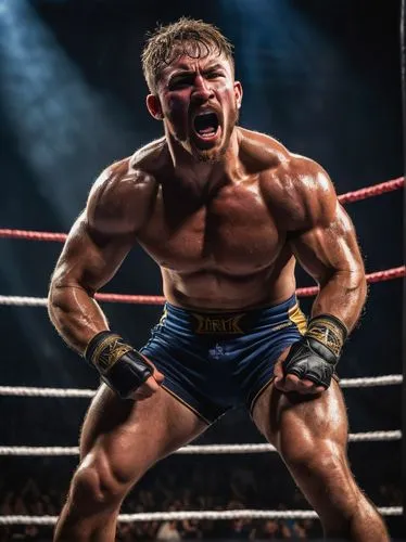 Muscular man, wrestler, intense facial expression, sweat drips down face, messy short hair, wrestling singlet, bold chest, ripped abs, powerful legs, combat boots, grappling, throwing, punching, kicki