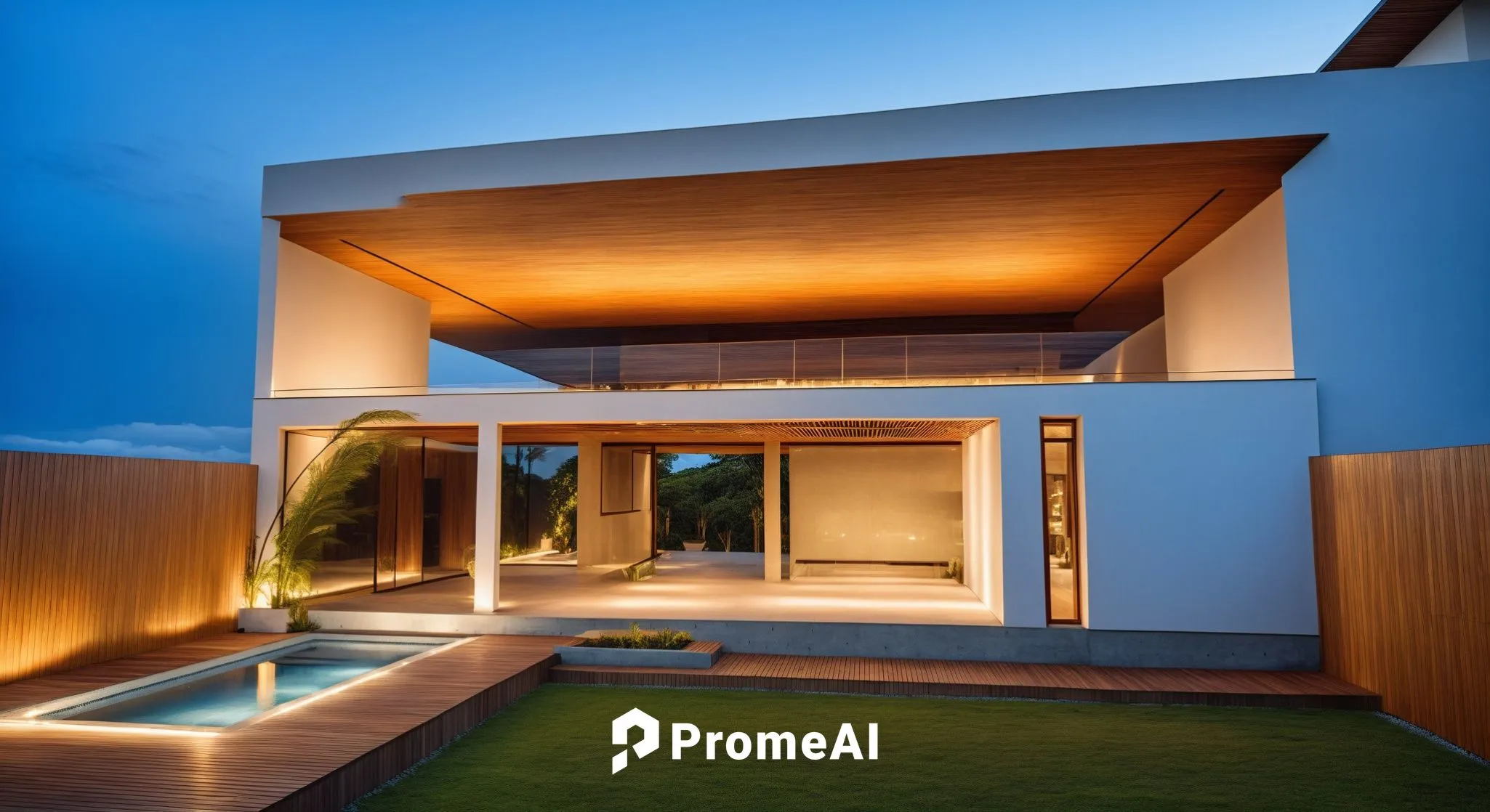 In the middle of a lush green meadow, a modern house with an elegant wood façade and a white exterior is high. The exterior has a beautiful lawn on the front and adorned with a shiny orange LED adorns