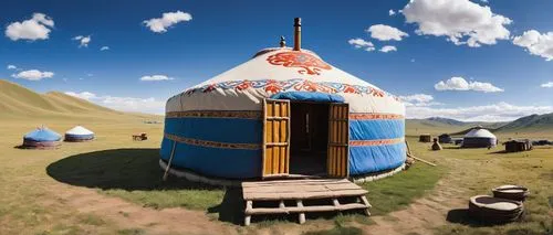 Traditional Mongolian yurt, Ger, colorful patterns, intricate carvings, Buddhist symbols, prayer flags, nomadic culture, vast steppes, blue sky, few white clouds, warm sunlight, gentle breeze, traditi