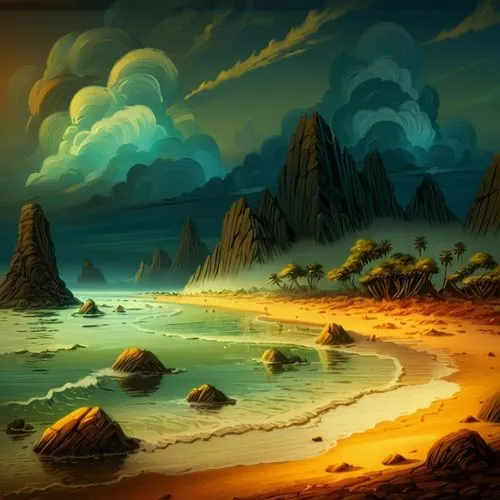 a beach with a group of trees near the water,cartoon video game background,dune landscape,an island far away landscape,beach landscape,fantasy landscape,sea landscape,Illustration,Abstract Fantasy,Abs