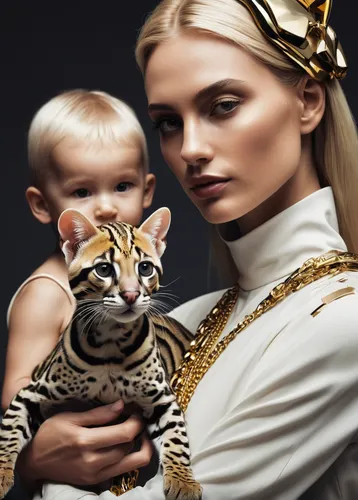 Imagine a futuristic world where ocelots are domesticated pets, and describe the daily life of a family with their ocelot companion.,photo shoot with a lion cub,ocelot,feline look,sphynx,exotic animal